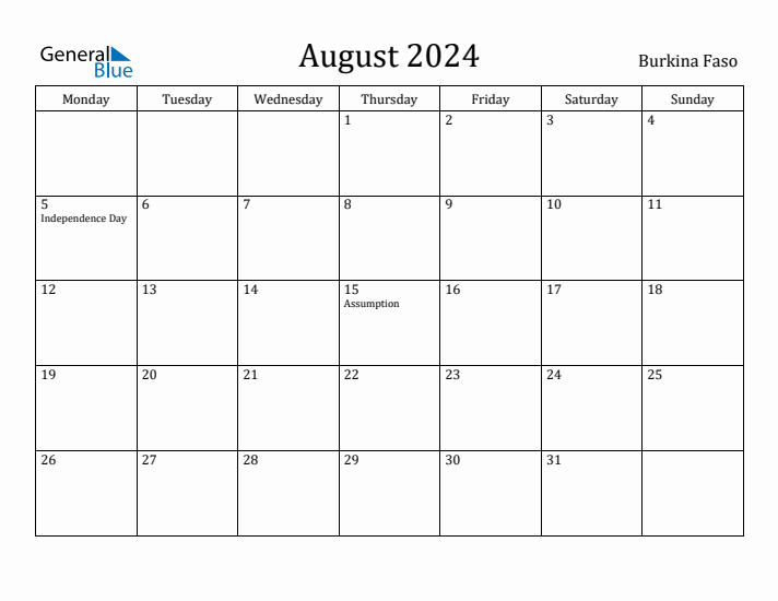 August 2024 Calendar Burkina Faso