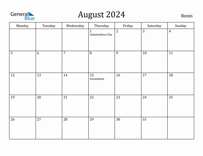 August 2024 Calendar Benin