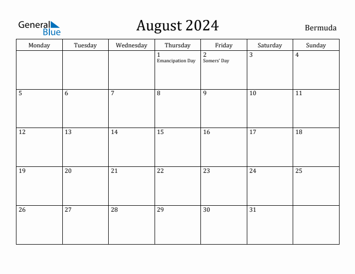 August 2024 Calendar Bermuda