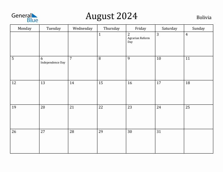 August 2024 Calendar Bolivia