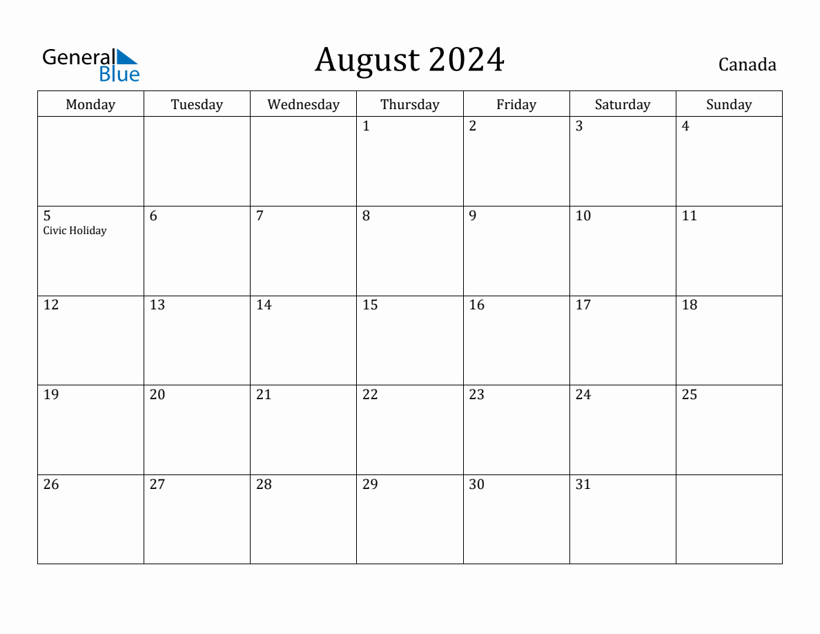 August 2025 Canada Monthly Calendar with Holidays