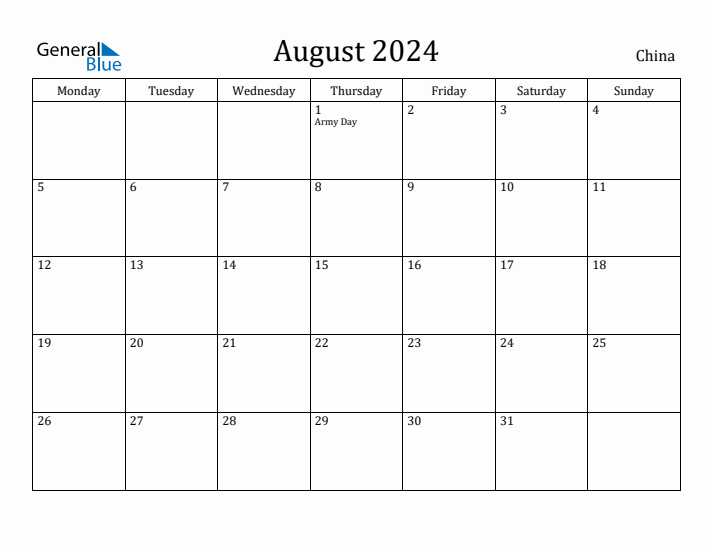 August 2024 China Monthly Calendar with Holidays