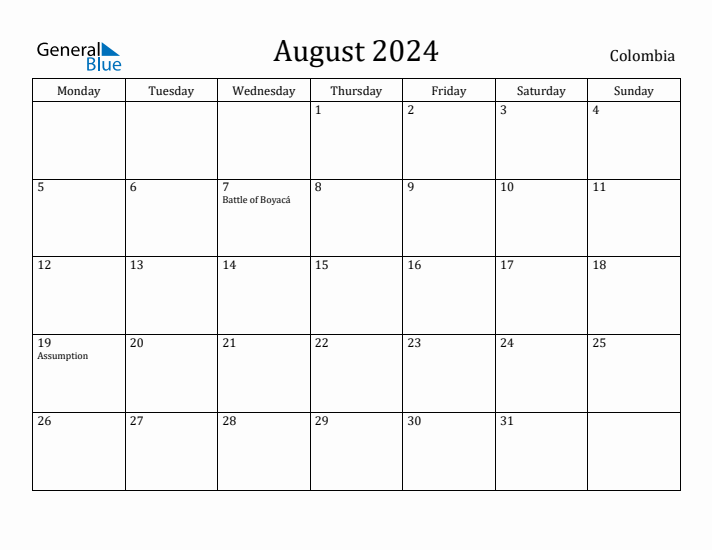 August 2024 Calendar Colombia