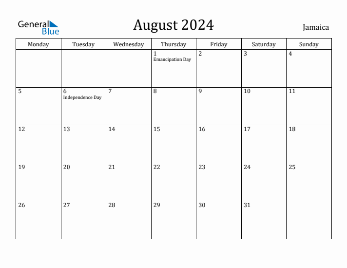August 2024 Calendar Jamaica