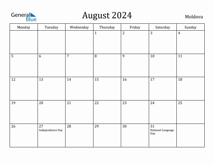 August 2024 Calendar Moldova