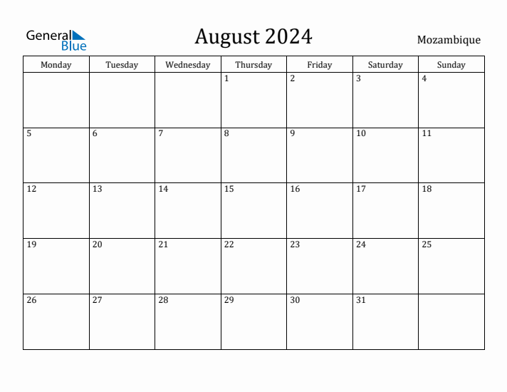 August 2024 Calendar Mozambique