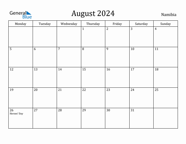 August 2024 Calendar Namibia
