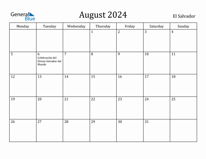 August 2024 Calendar El Salvador
