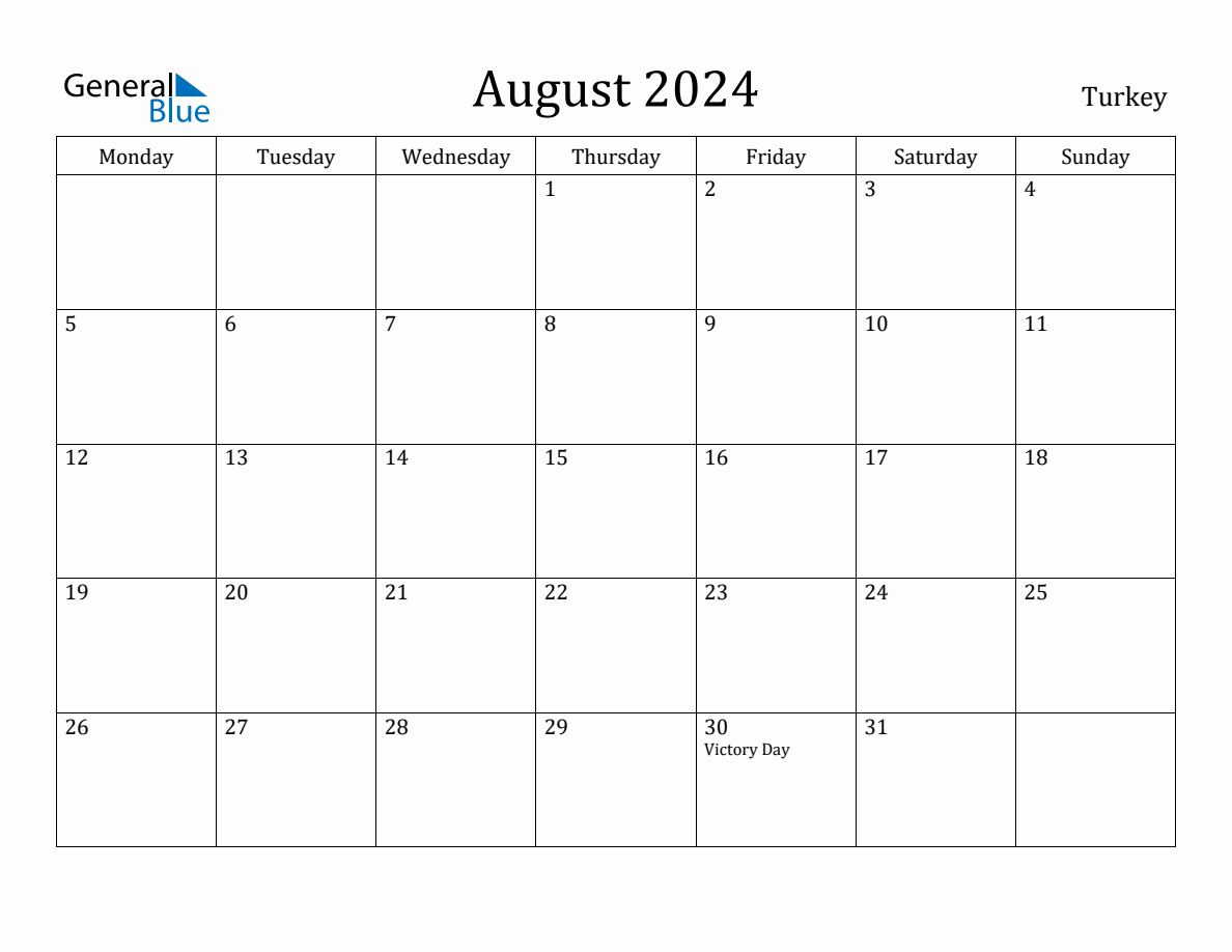 August 2024 Turkey Monthly Calendar with Holidays