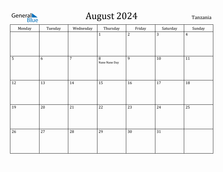 August 2024 Calendar Tanzania
