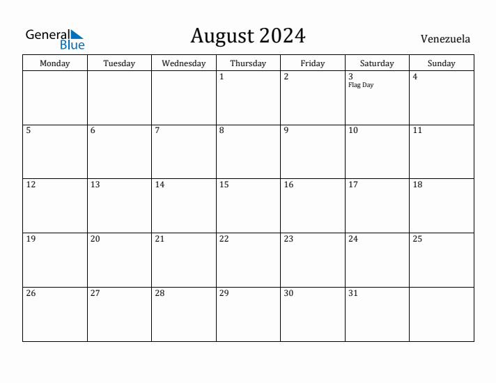August 2024 Calendar Venezuela