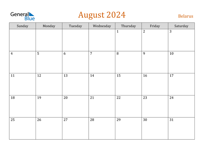 Belarus August 2024 Calendar with Holidays