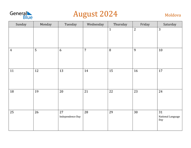 Moldova August 2024 Calendar with Holidays