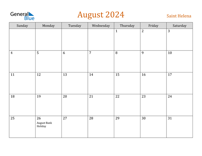Saint Helena August 2024 Calendar with Holidays