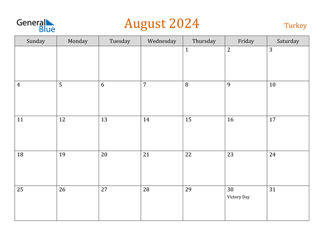 Turkey August 2024 Calendar with Holidays