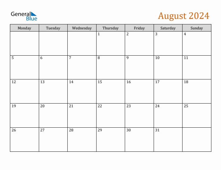 August 2024 Monday Start Calendar (PDF, Excel, Word)