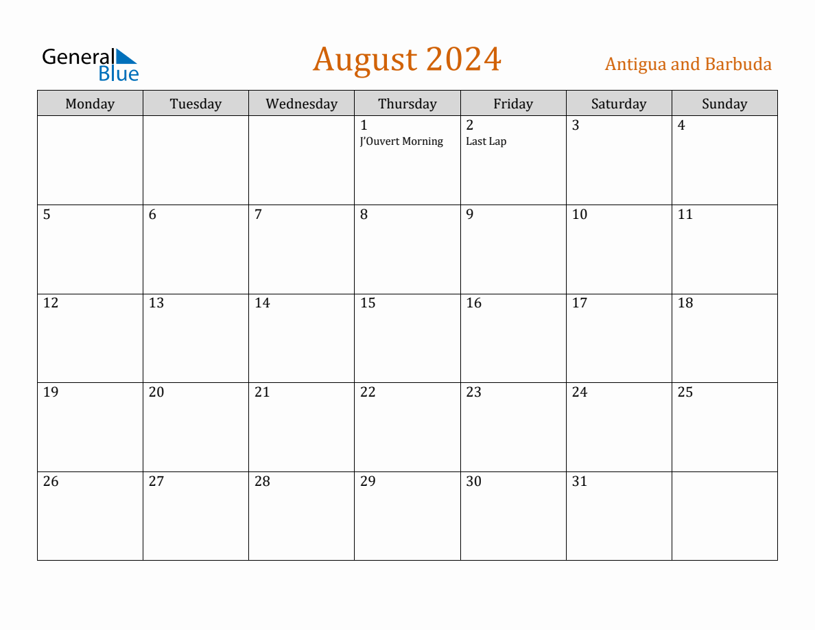 Free August 2024 Antigua and Barbuda Calendar