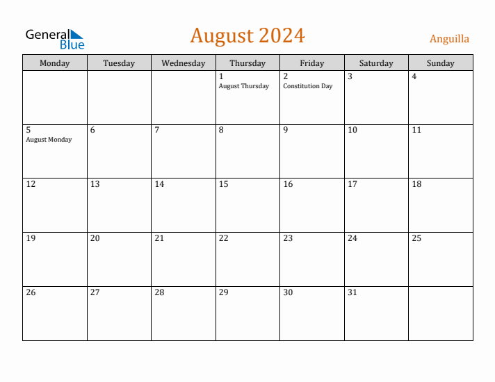 August 2024 Holiday Calendar with Monday Start