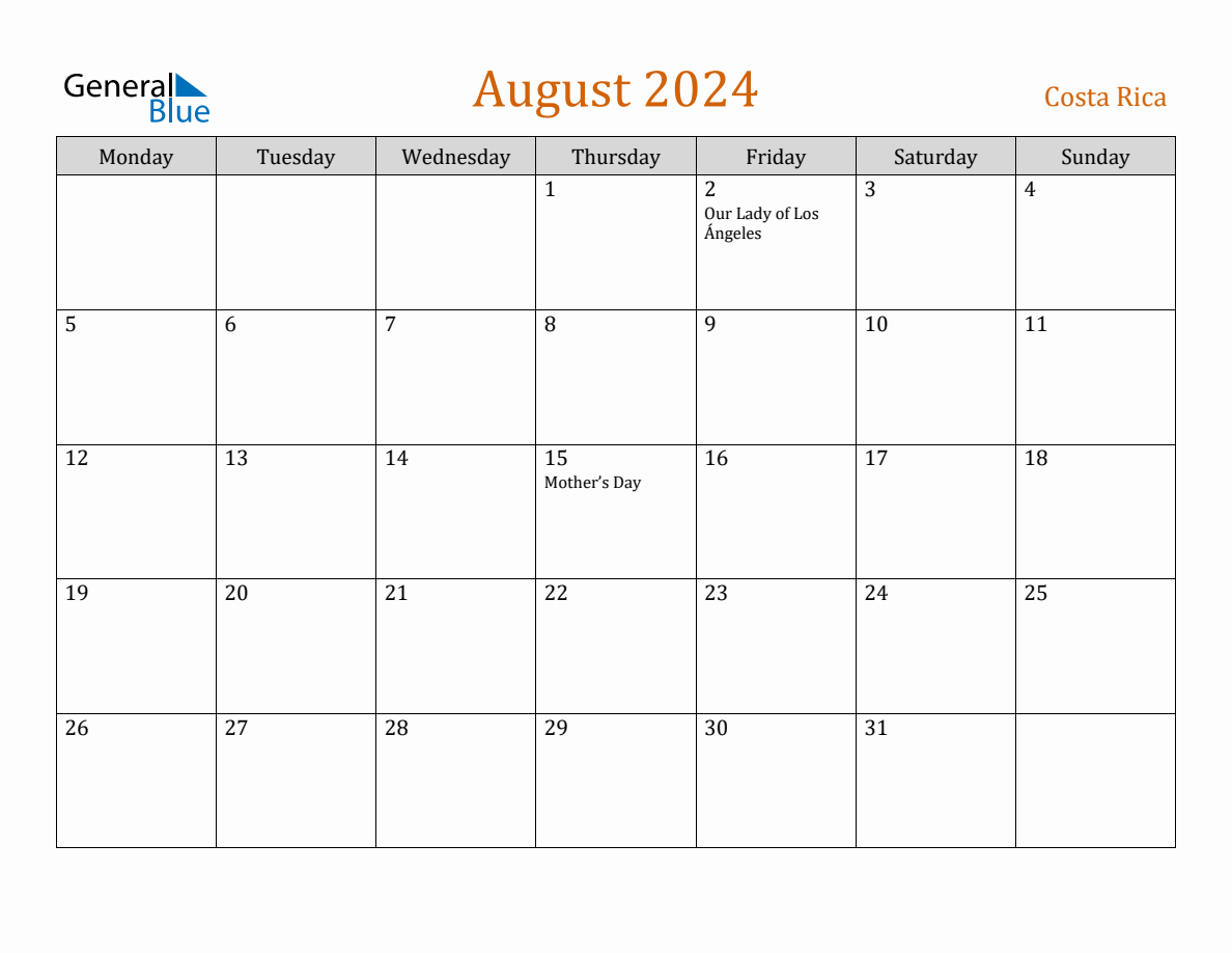 Free August 2024 Costa Rica Calendar