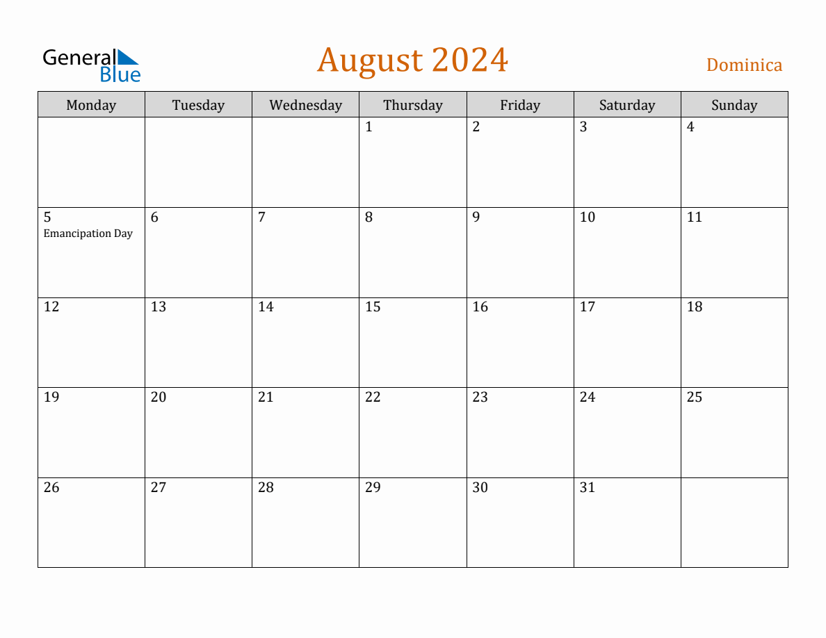 Free August 2024 Dominica Calendar