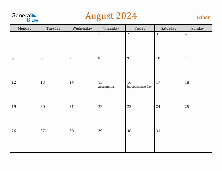 August 2024 Holiday Calendar with Monday Start