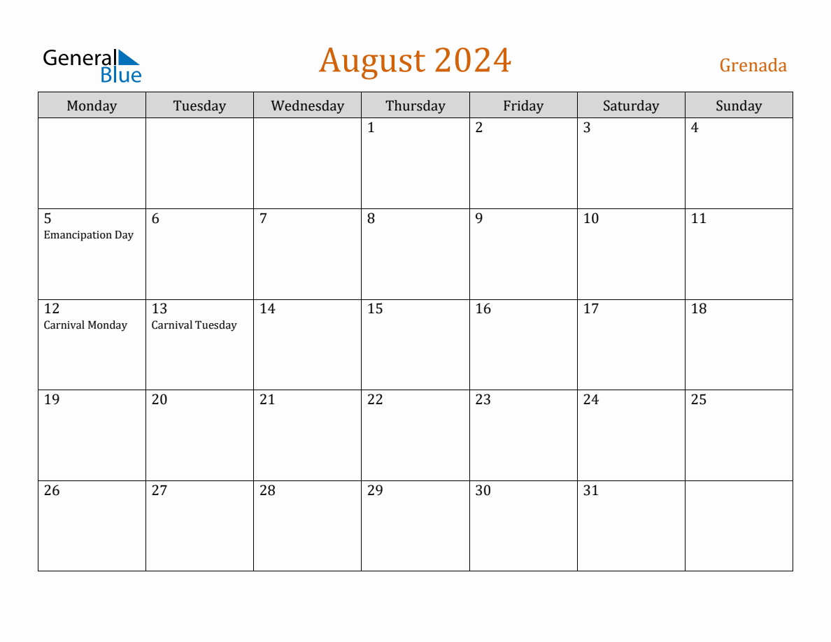 Free August 2024 Grenada Calendar