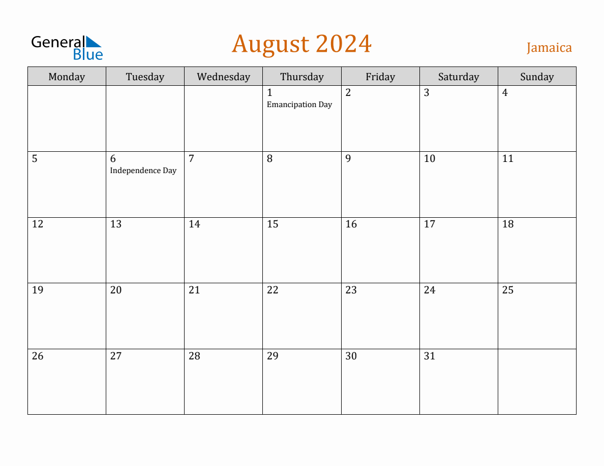 Free August 2024 Jamaica Calendar