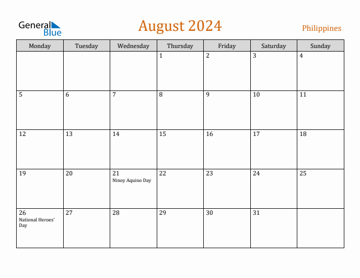 Free August 2024 Philippines Calendar