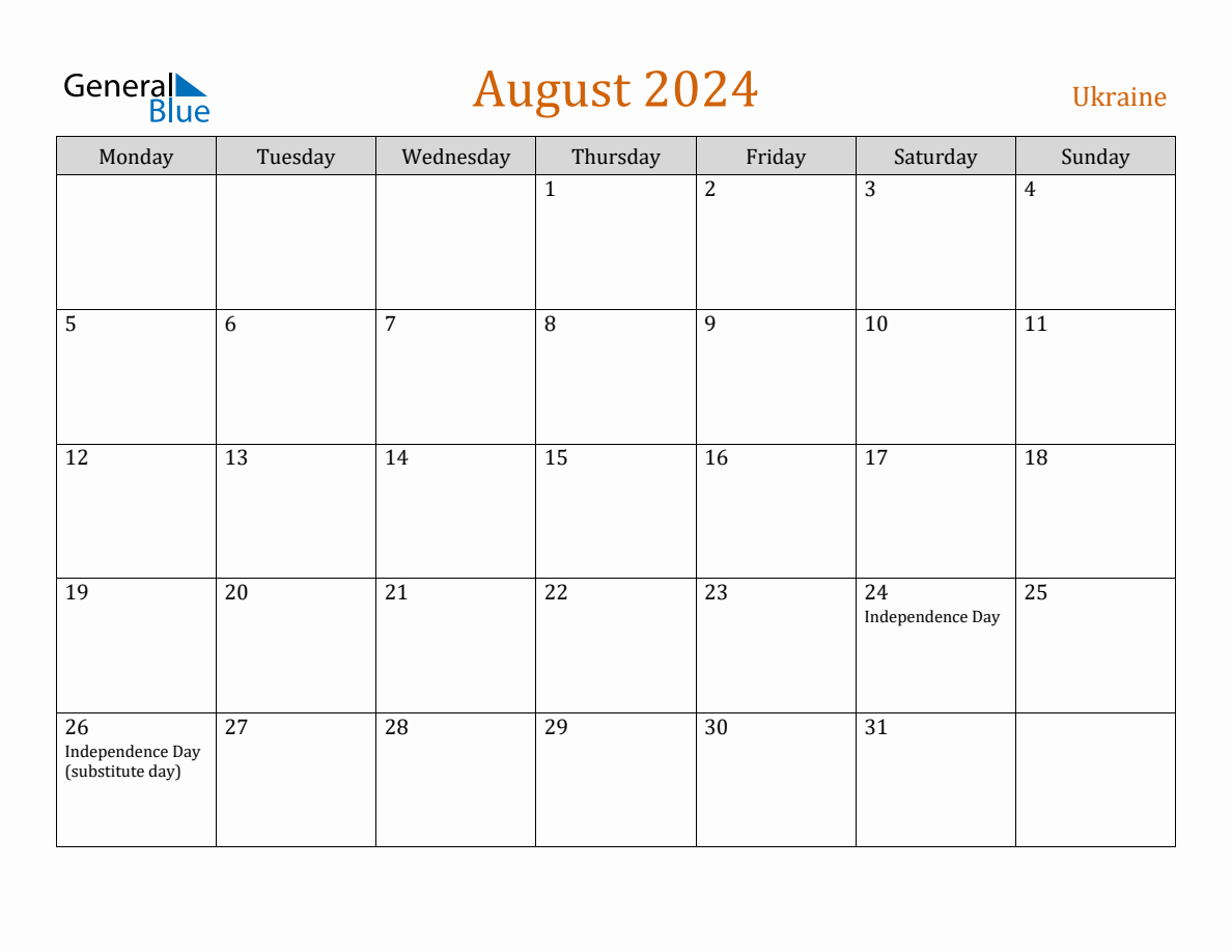 Free August 2024 Ukraine Calendar