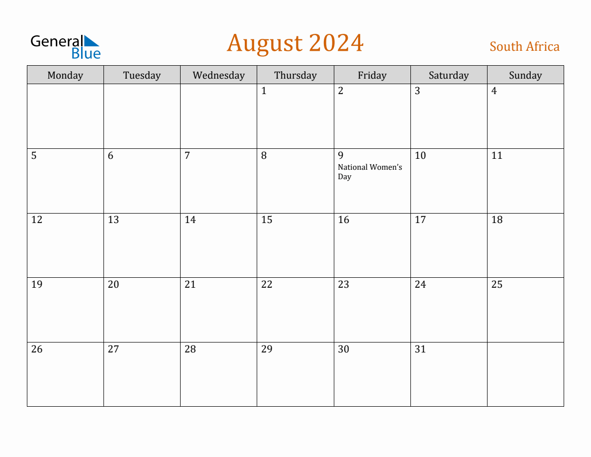 Free August 2024 South Africa Calendar