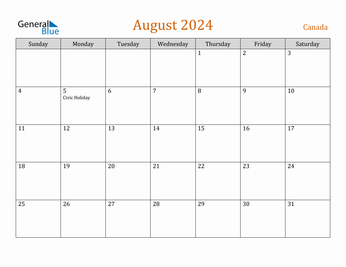 Free August 2024 Canada Calendar