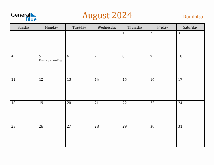 August 2024 Monthly Calendar with Dominica Holidays
