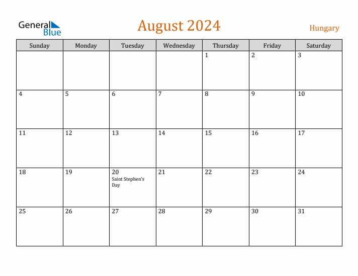 August 2024 Holiday Calendar with Sunday Start