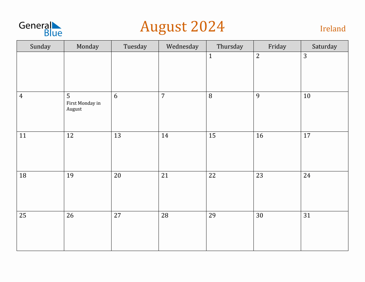 Free August 2024 Ireland Calendar