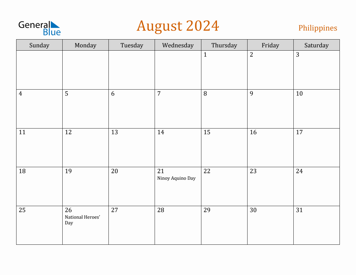 Free August 2024 Philippines Calendar