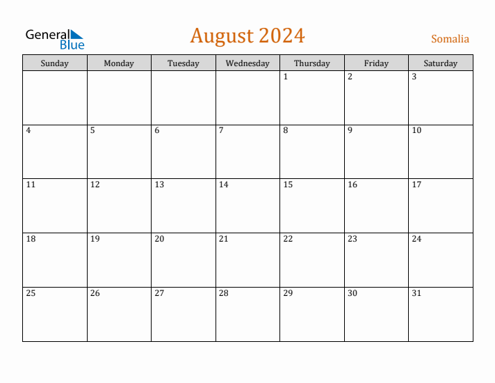August 2024 Calendar with Somalia Holidays