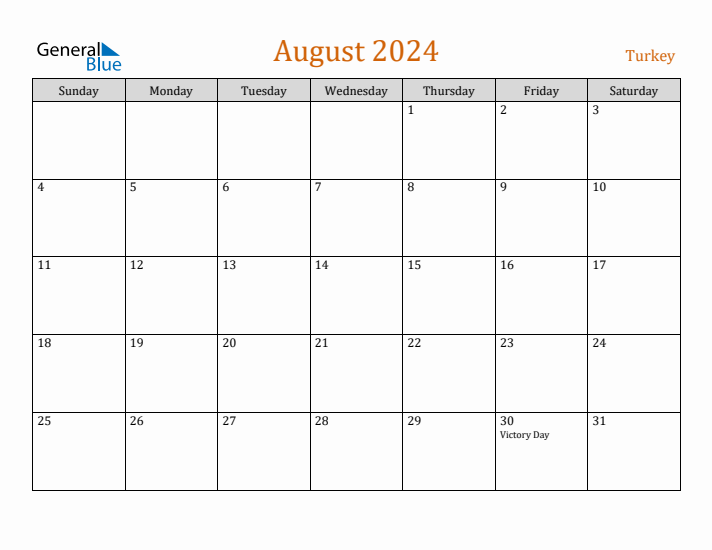 August 2024 Monthly Calendar with Turkey Holidays