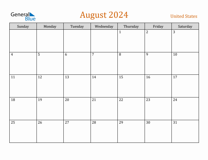 August 2024 Monthly Calendar with United States Holidays