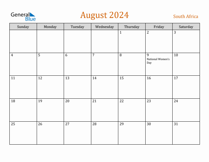 Free August 2024 South Africa Calendar