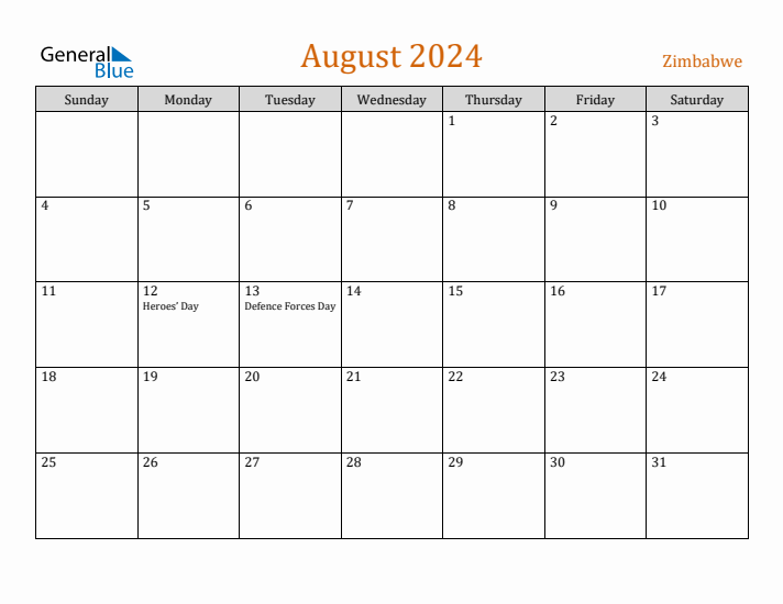 Free August 2024 Zimbabwe Calendar