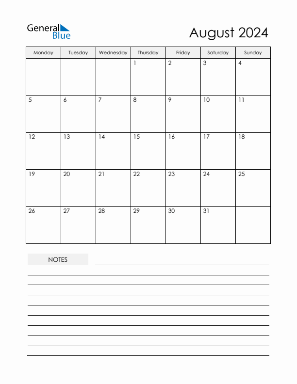 Printable Calendar with Notes - August 2024 