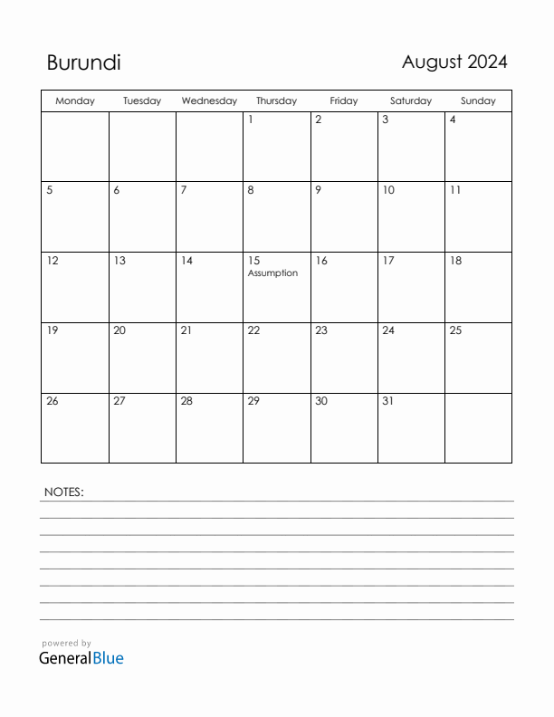 August 2024 Burundi Calendar with Holidays (Monday Start)