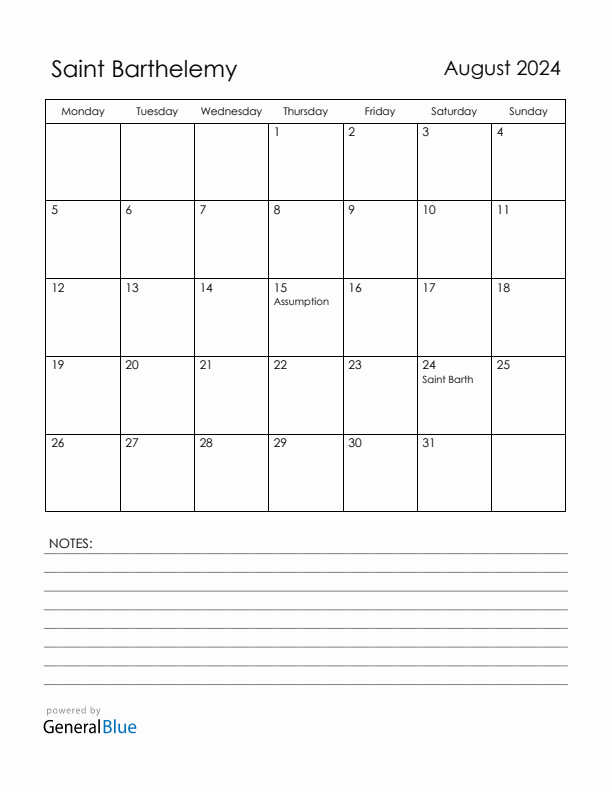 August 2024 Saint Barthelemy Calendar with Holidays (Monday Start)
