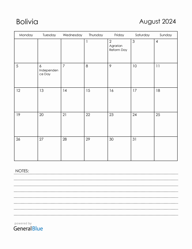 August 2024 Bolivia Calendar with Holidays (Monday Start)