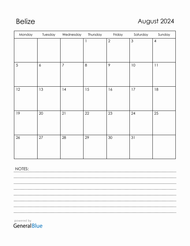 August 2024 Belize Calendar with Holidays (Monday Start)