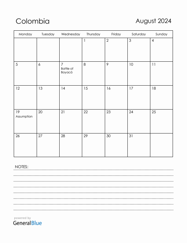 August 2024 Colombia Calendar with Holidays (Monday Start)