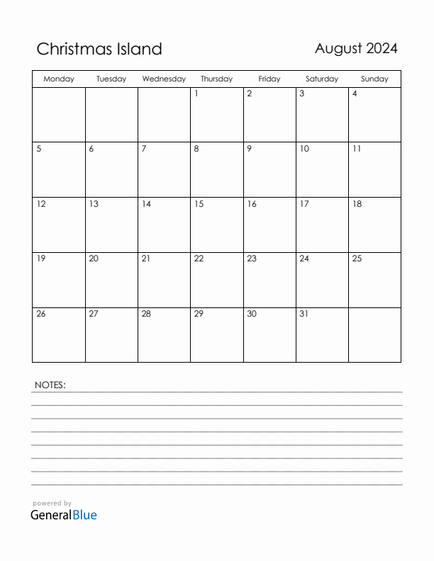 August 2024 Christmas Island Calendar with Holidays (Monday Start)