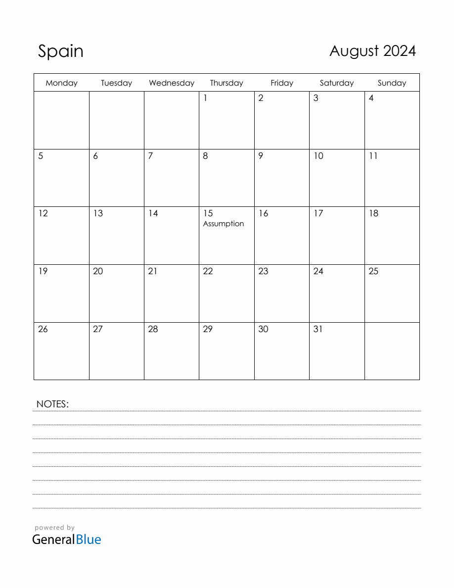 August 2024 Spain Calendar with Holidays