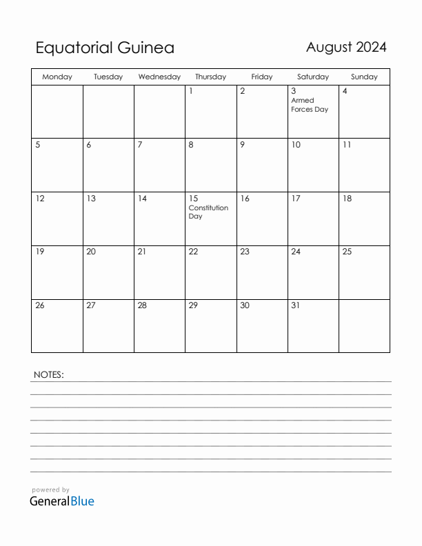 August 2024 Equatorial Guinea Calendar with Holidays (Monday Start)