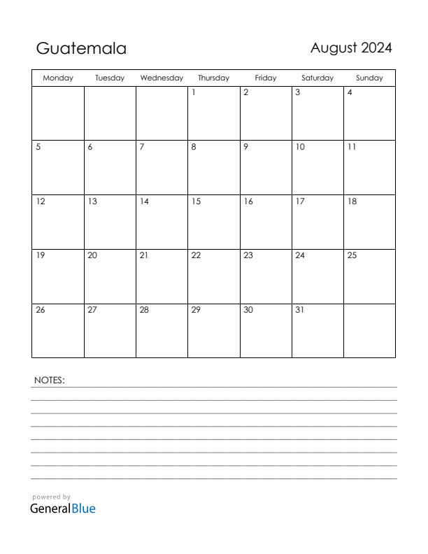 August 2024 Guatemala Calendar with Holidays (Monday Start)